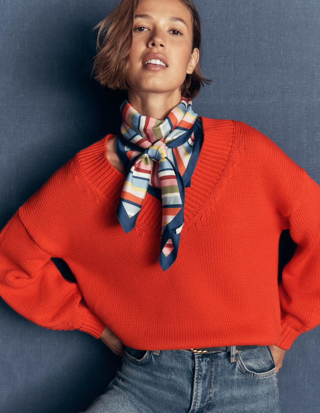 Lucy Cotton V-neck Sweater-Sunset Orange
