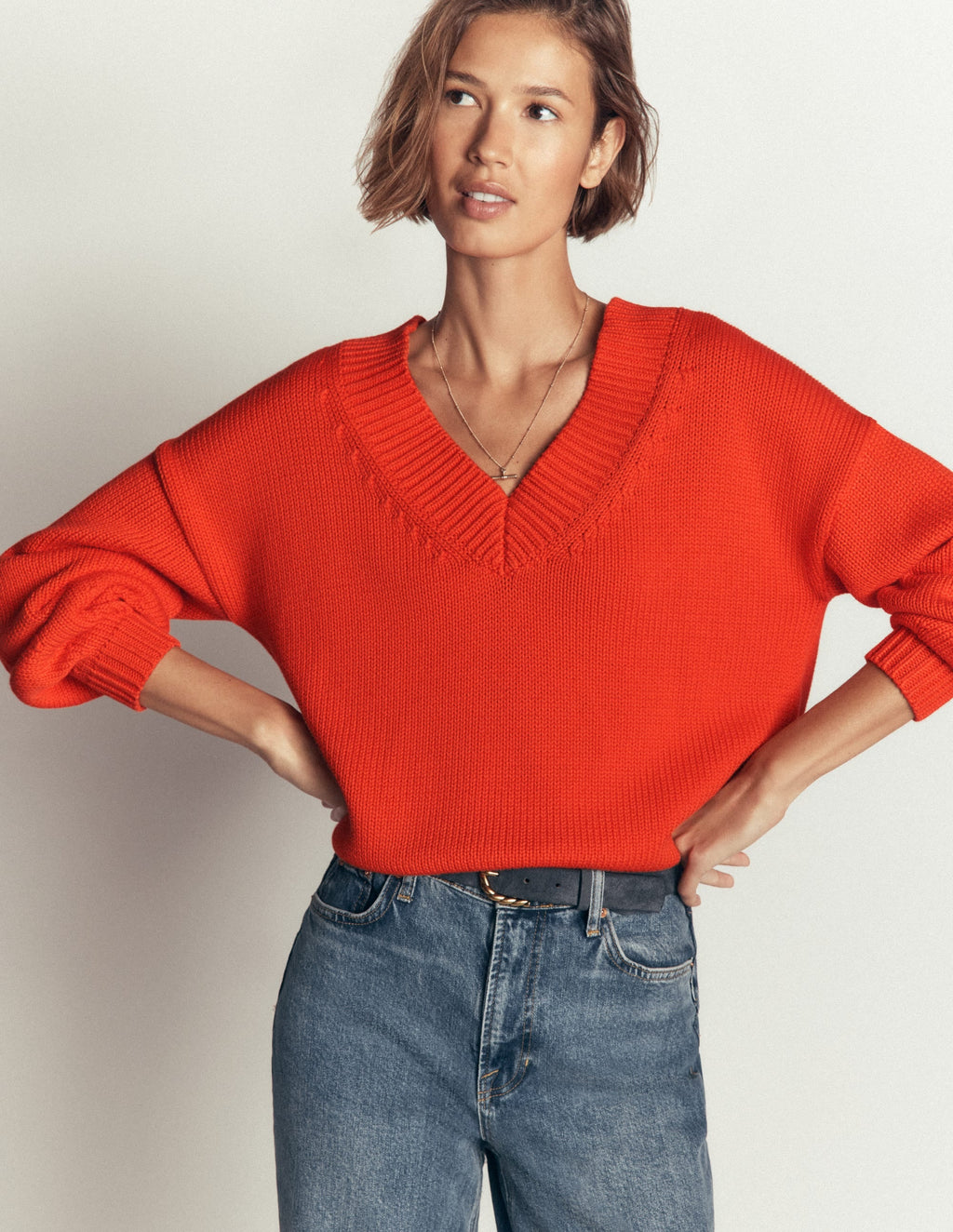 Lucy Cotton V-neck Sweater-Sunset Orange