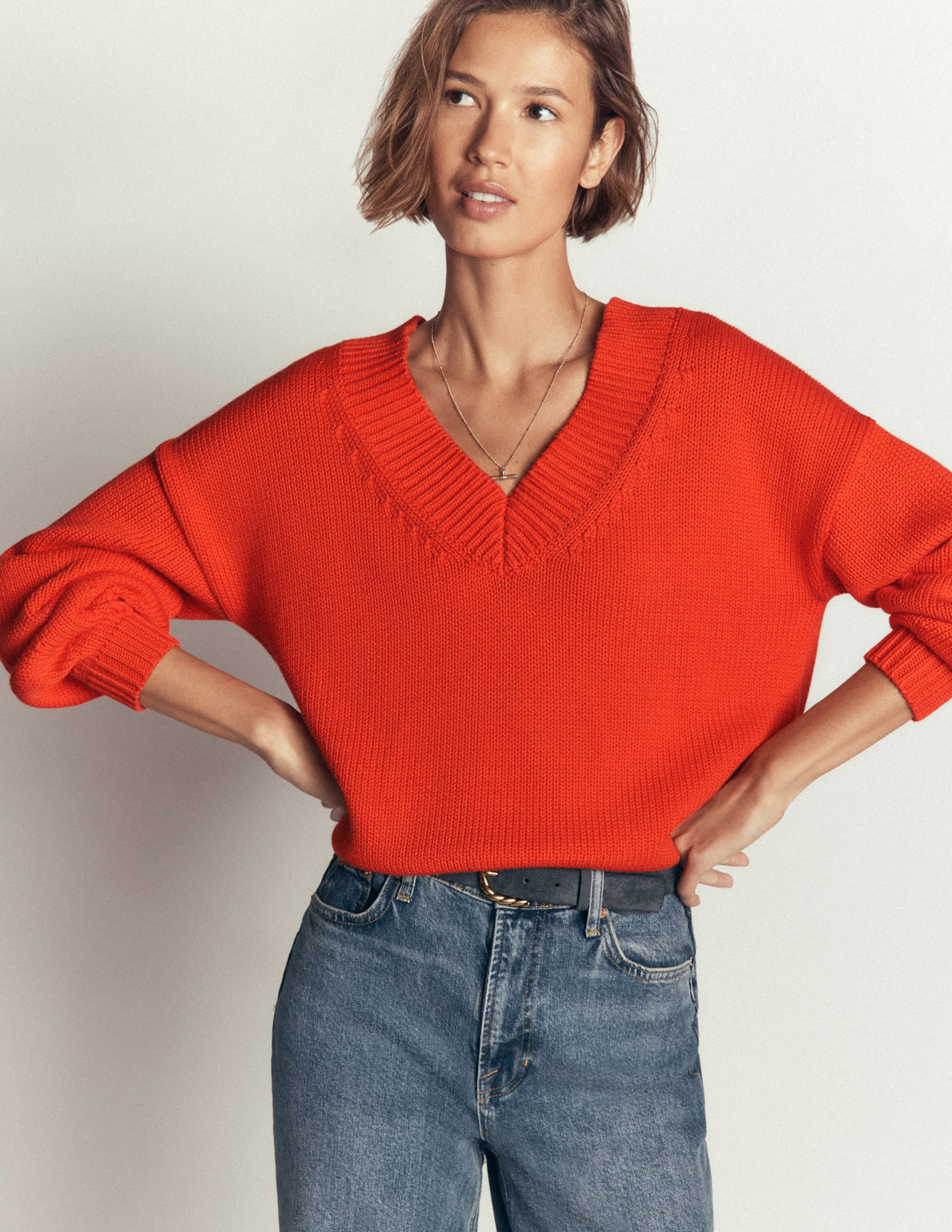 Lucy Cotton V-neck Sweater-Sunset Orange
