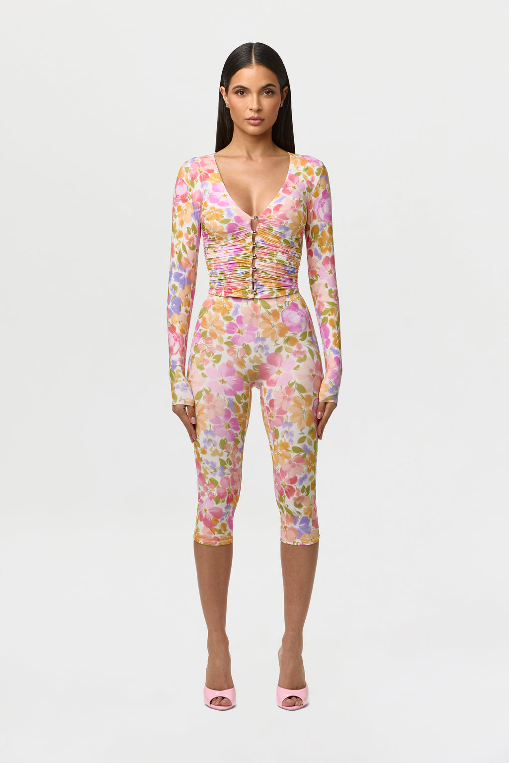 Naked Print Ruched Button Up Top