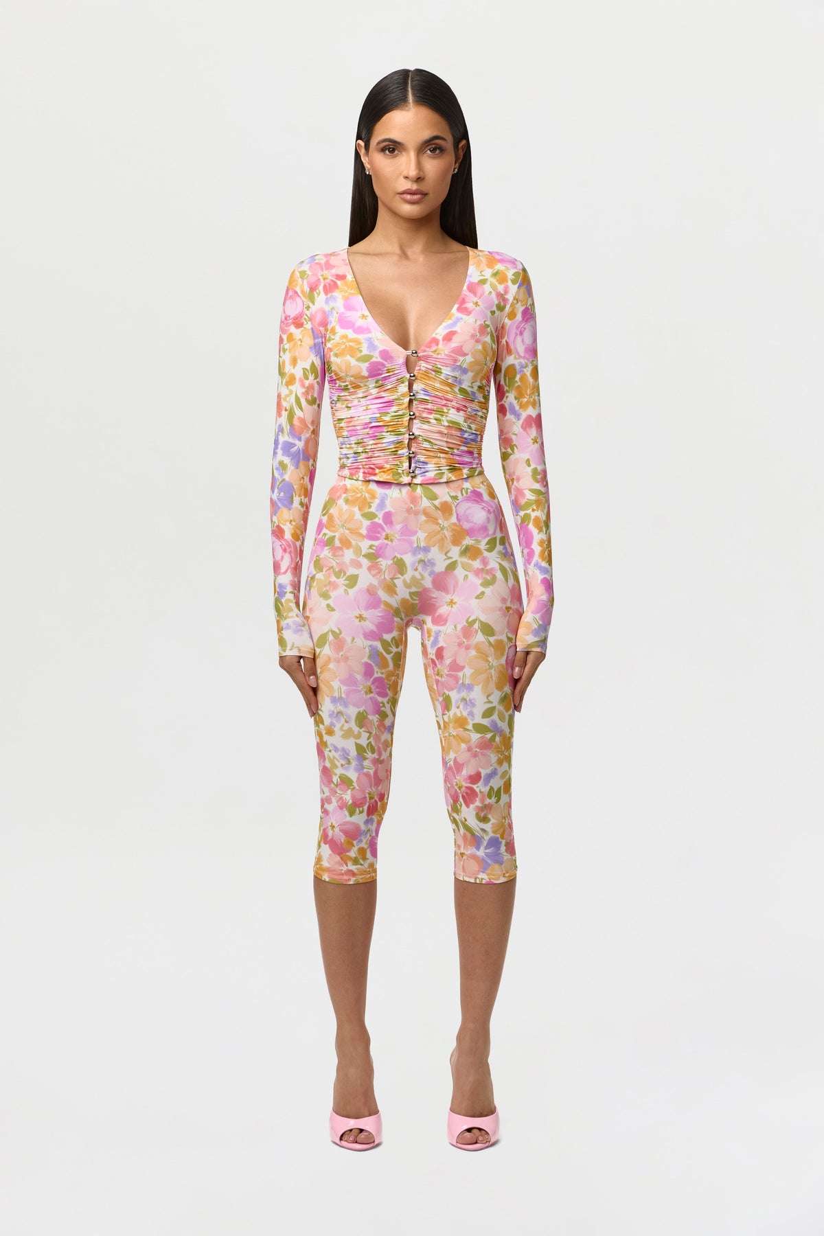 Naked Print Ruched Button Up Top