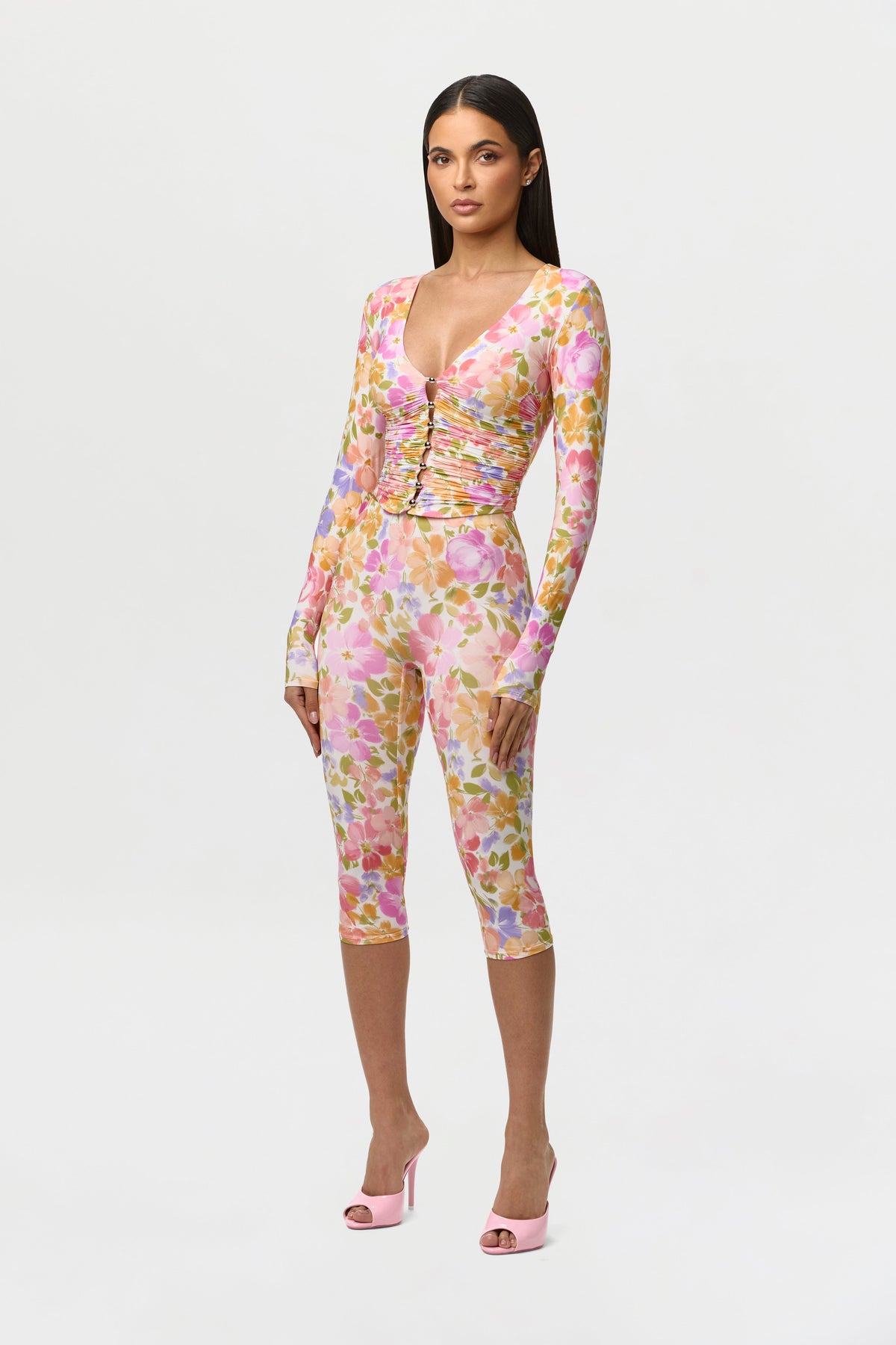 Naked Print Ruched Button Up Top