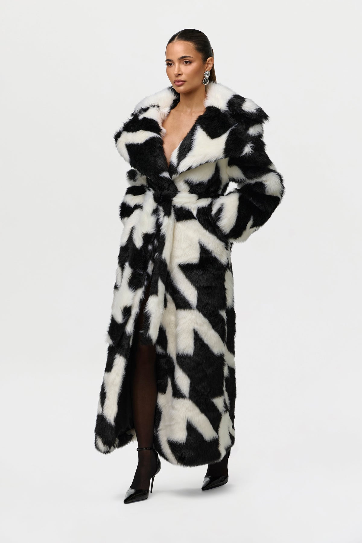 Faux Fur Houndstooth Coat